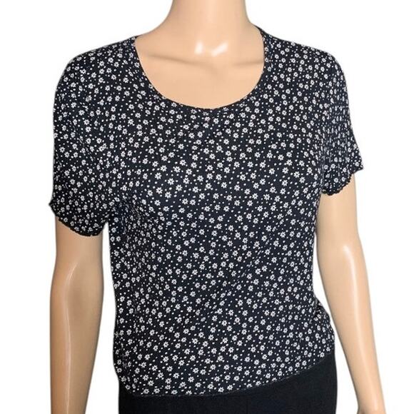 AMERICAN EAGLE Women's Size Large Cropped Top Soft & Sexy Rib Black Floral AOP - Picture 1 of 8